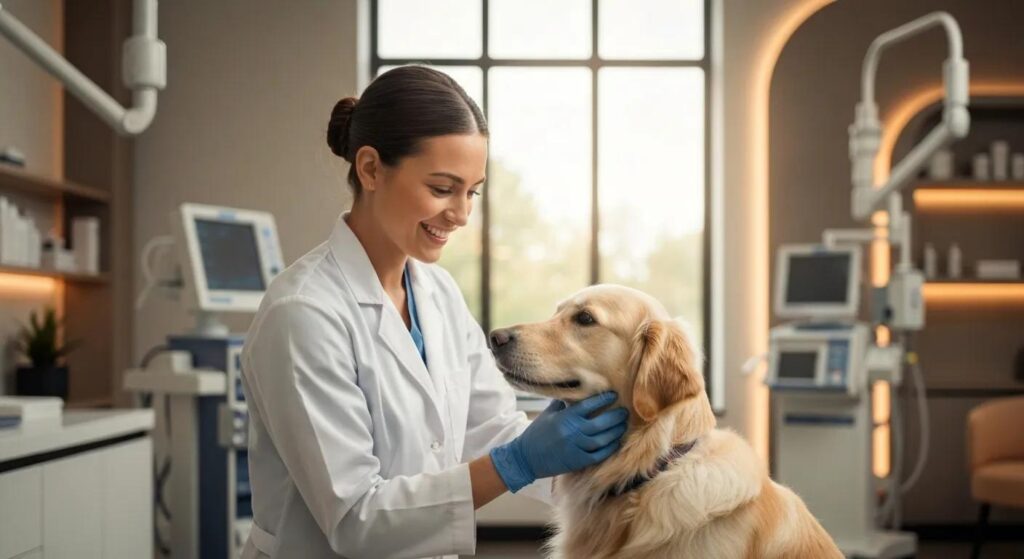 Compassionate veterinarian examining a dog in a modern clinic, highlighting expert pet surgery services