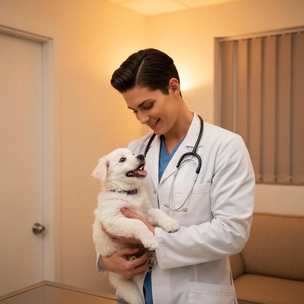 A compassionate veterinarian gently examines a dog in an emergency clinic setting.
