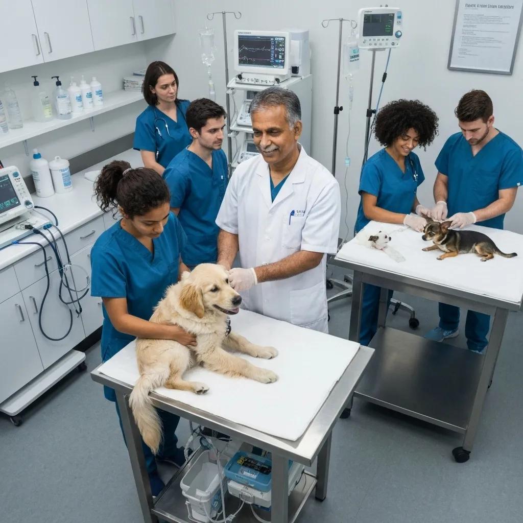 A dedicated veterinary team providing urgent care to a pet within a clinic.