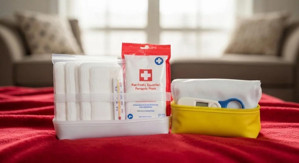Essential items for a pet first aid kit, such as gauze pads and antiseptic wipes.
