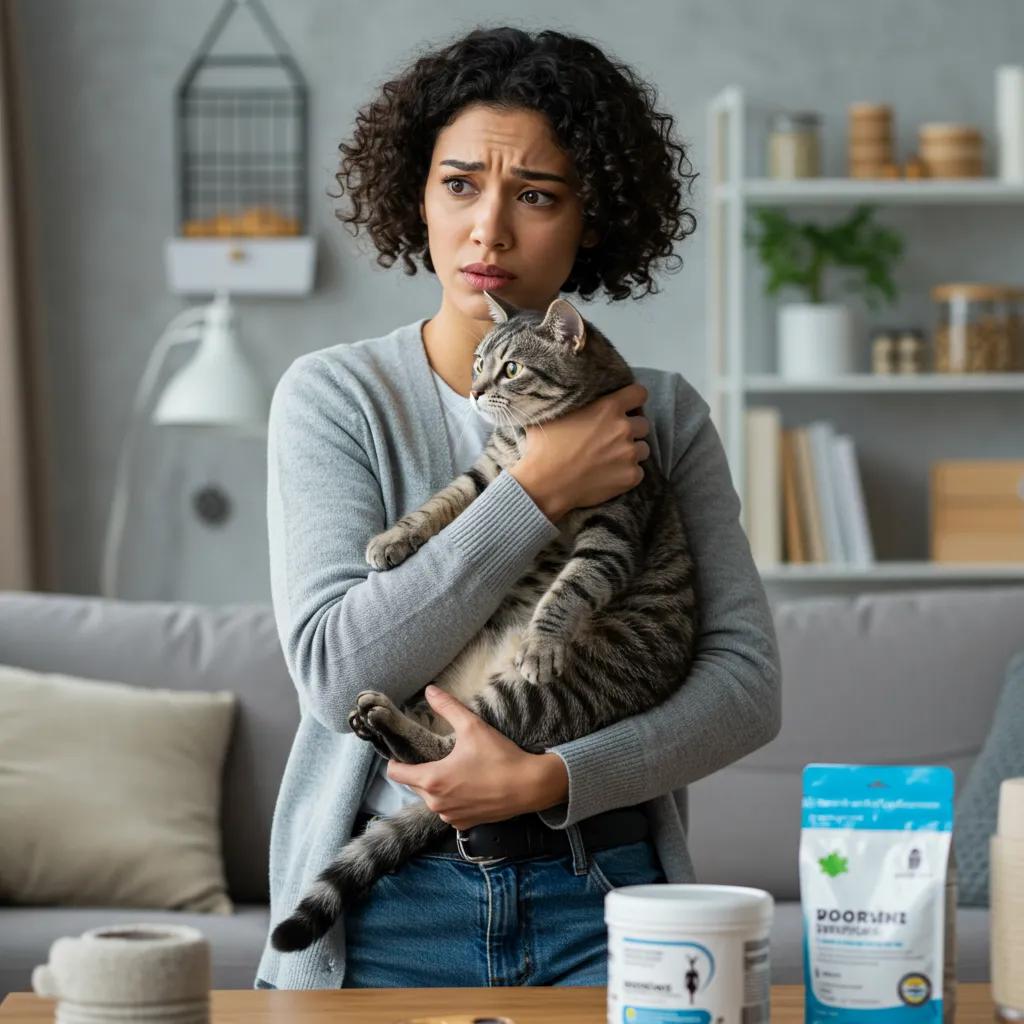 A worried pet owner holding their cat, emphasizing the importance of recognizing critical veterinary symptoms