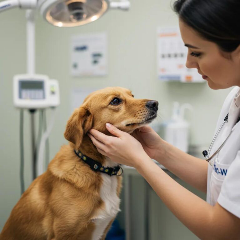 Veterinarian examining a dog in a welcoming clinic, emphasizing pet care and health