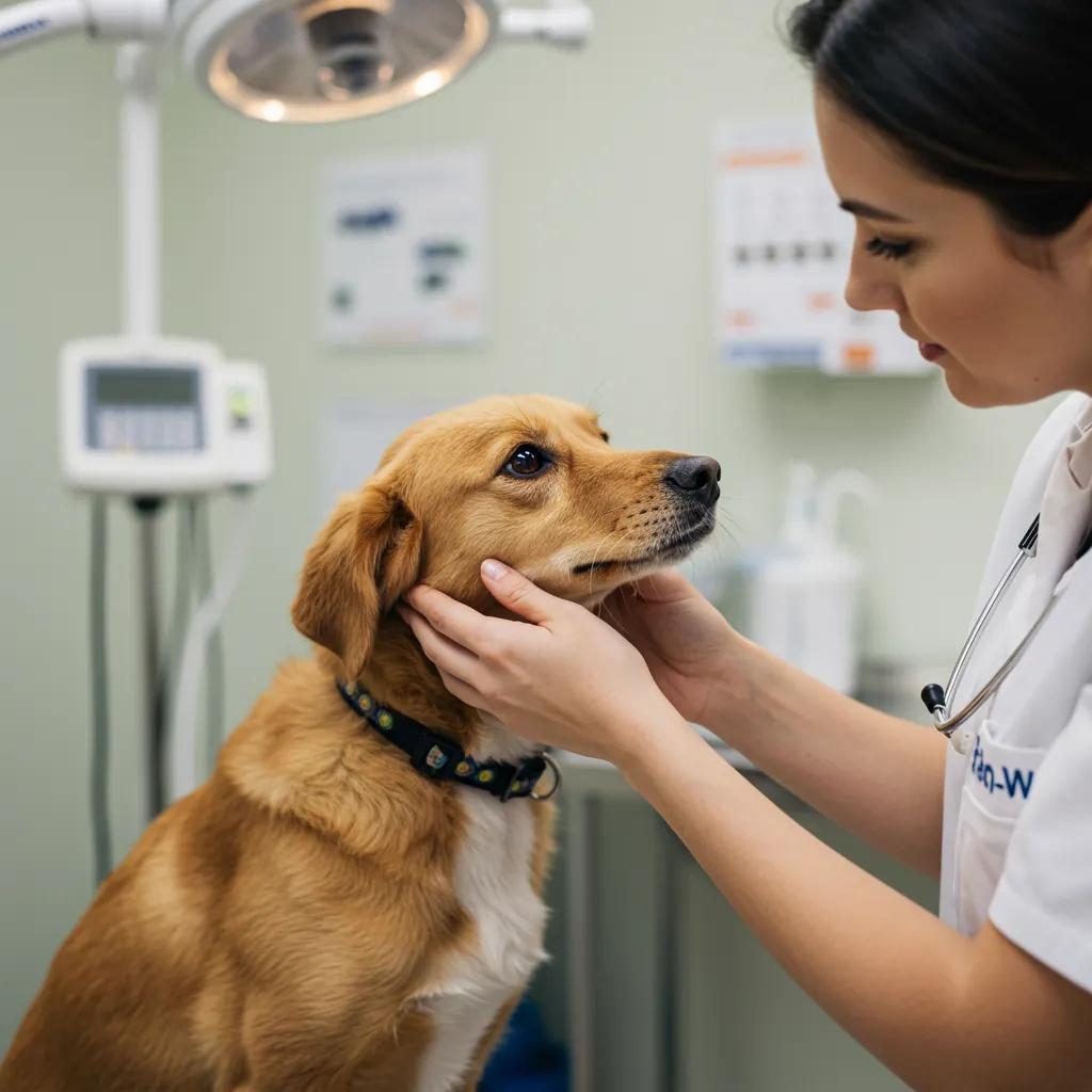 Veterinarian examining a dog in a welcoming clinic, emphasizing pet care and health