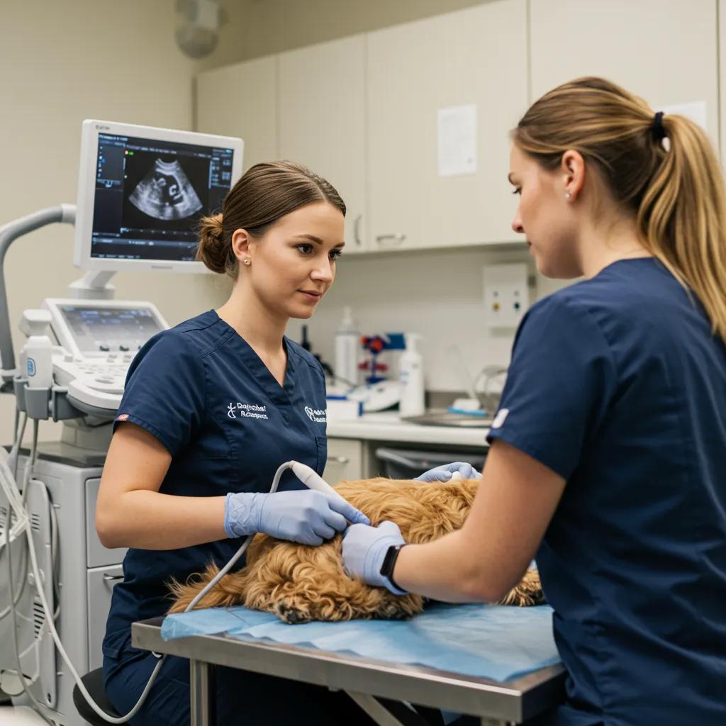A veterinary technician conducting an ultrasound on a dog, showcasing advanced diagnostic capabilities in pet care