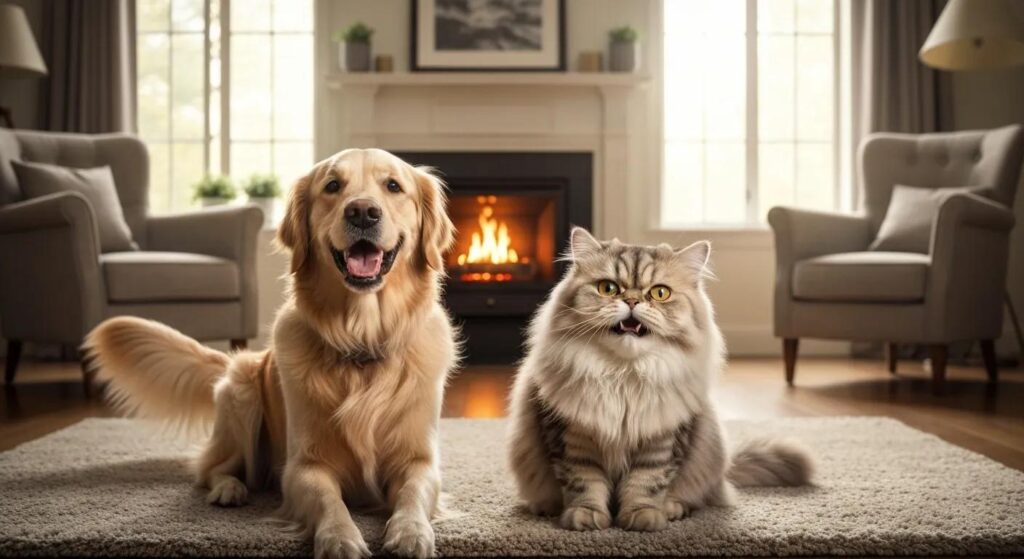 Happy dog and cat showing healthy teeth in a cozy home — pet dental health