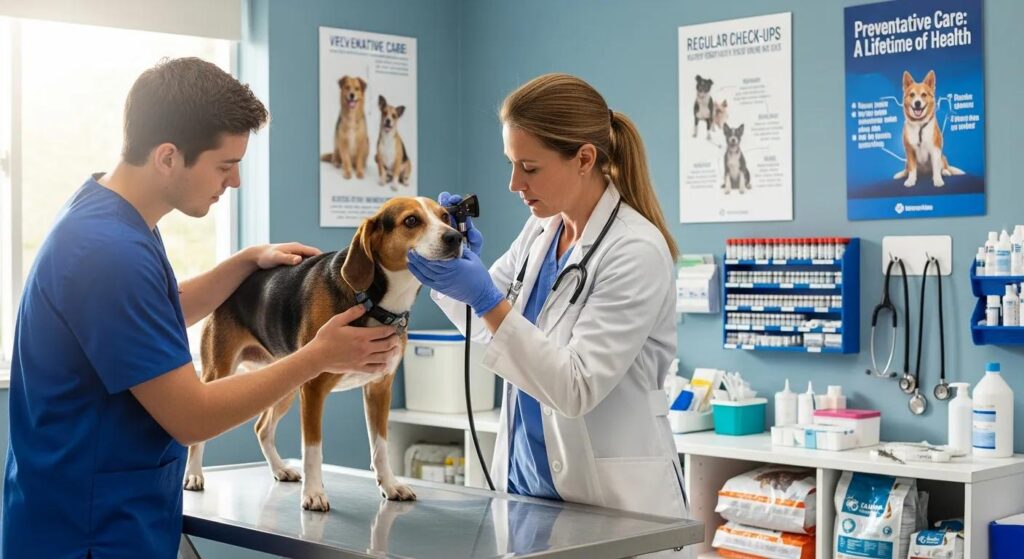 Veterinarian examining a dog in a clinic, highlighting the importance of preventative pet care