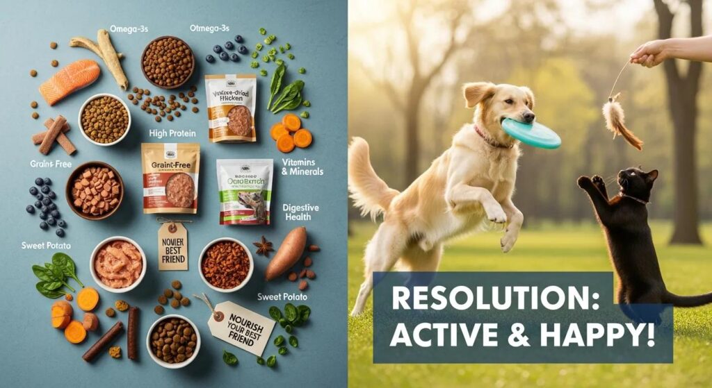 Healthy pet food options with a dog and cat playing, emphasizing nutrition and exercise resolutions