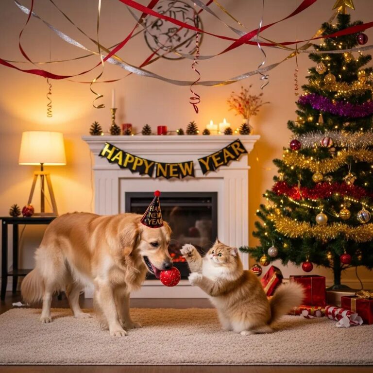 Happy dog and cat playing in a festive living room, symbolizing New Year pet resolutions