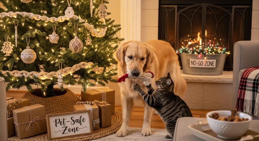 Dog and cat playing near a decorated Christmas tree, highlighting holiday pet safety