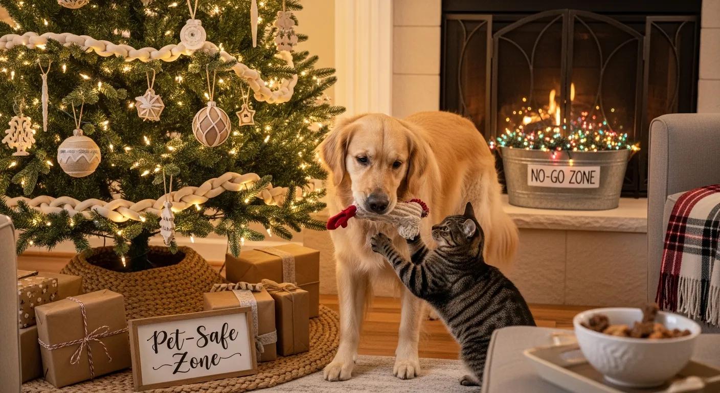 Dog and cat playing near a decorated Christmas tree, highlighting holiday pet safety
