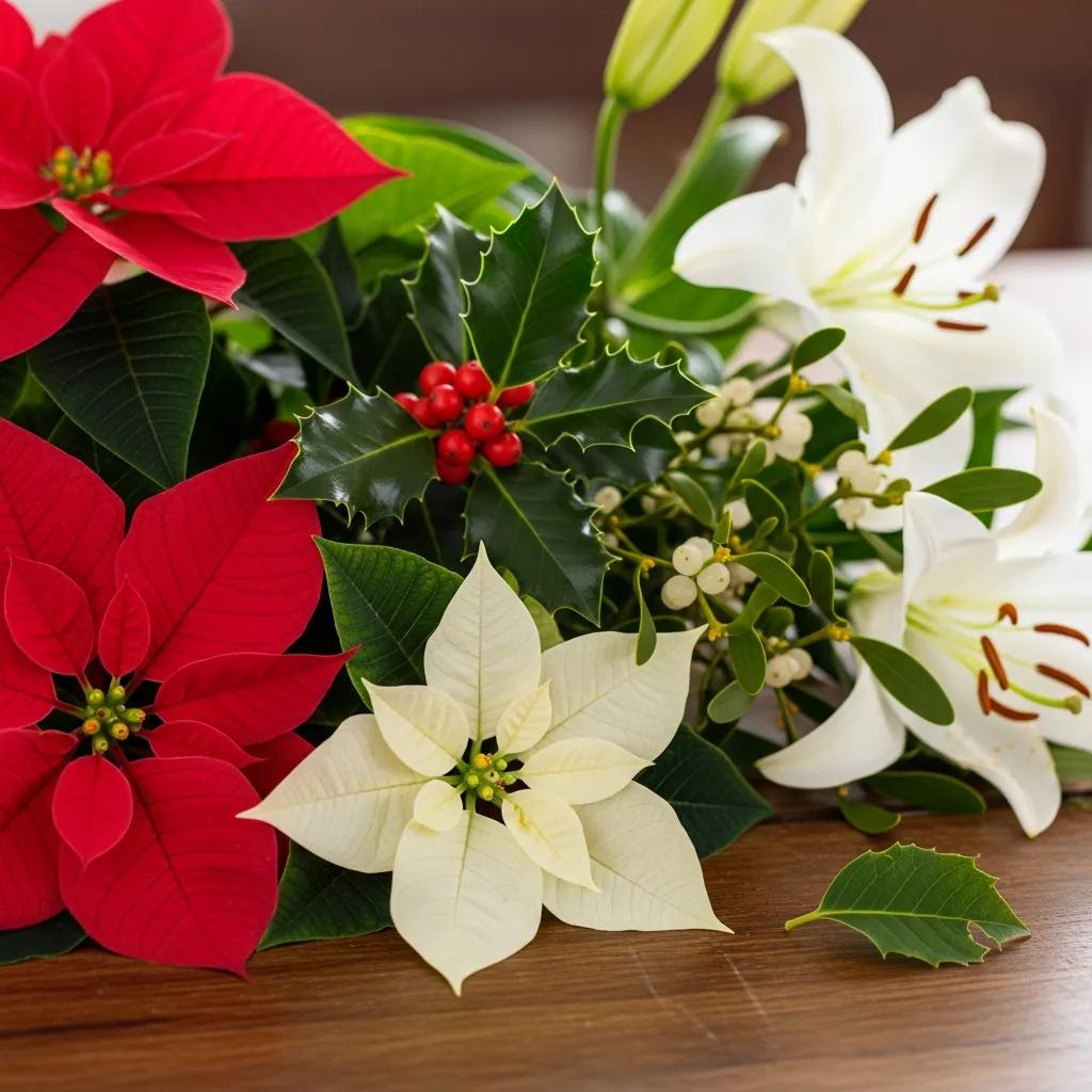 Close-up of holiday plants including poinsettias, mistletoe, holly, and lilies, showcasing their beauty and toxicity to pets