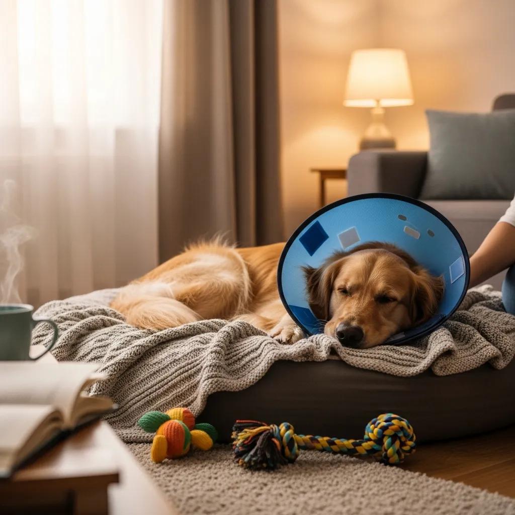 Dog resting comfortably at home after a vasectomy procedure, surrounded by a cozy environment