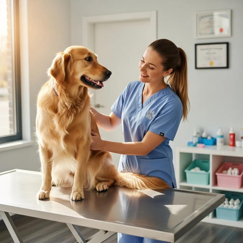 Happy dog being examined by a veterinarian in a caring clinic environment