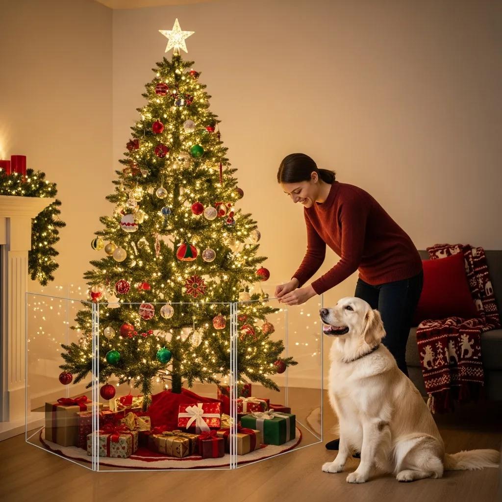 Pet owner securing a Christmas tree with a barrier, demonstrating pet-proofing holiday decorations