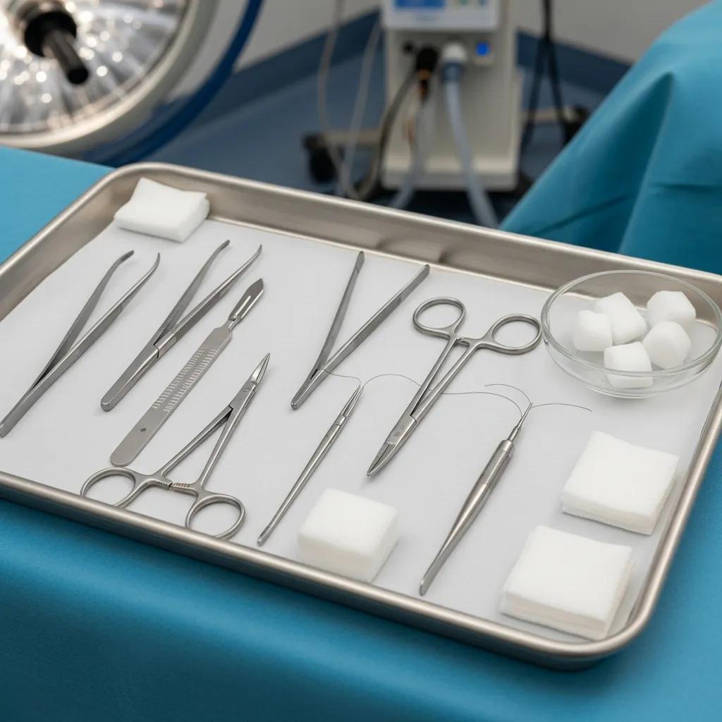 Surgical tools arranged in a sterile environment for a dog vasectomy procedure
