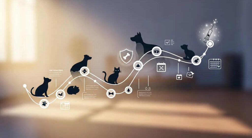 Graphic illustrating pet vaccination timeline with silhouettes of dogs, cats, and small animals, accompanied by icons representing health care and veterinary services, emphasizing the importance of regular vaccinations for pet well-being.
