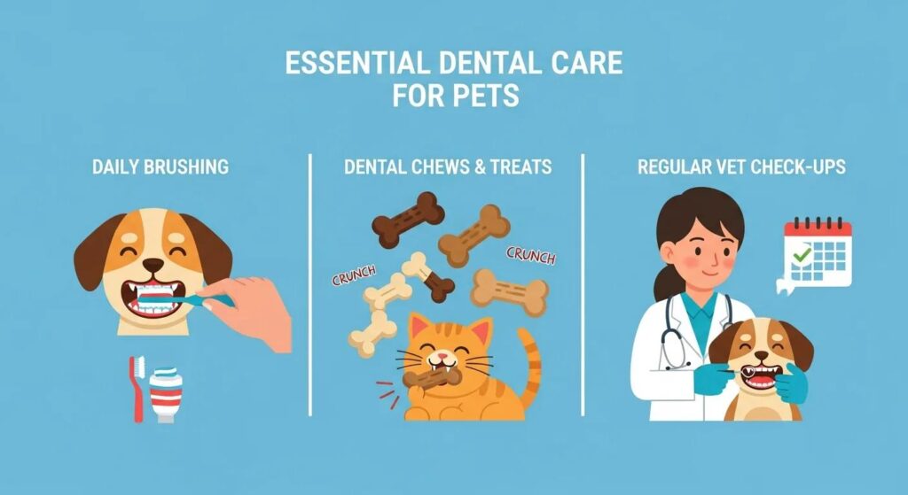 Essential dental care for pets featuring daily brushing, dental chews and treats, and regular vet check-ups.