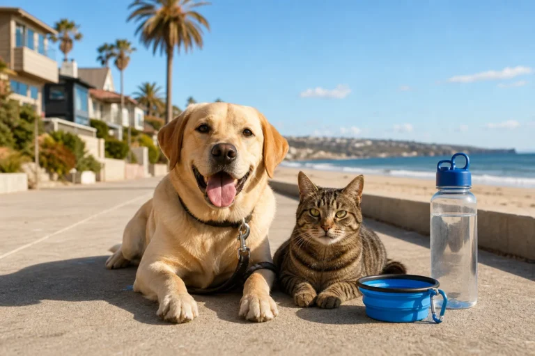 A dog and cat on a sunny Newport Beach boardwalk with water and a collapsible bowl, illustrating preparing your pet for summer