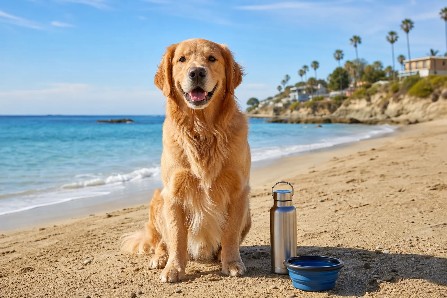 A happy golden retriever resting beside a full water bottle and collapsible bowl on a sunny Newport Beach shoreline, clear ocean water and blue sky in the background, photorealistic