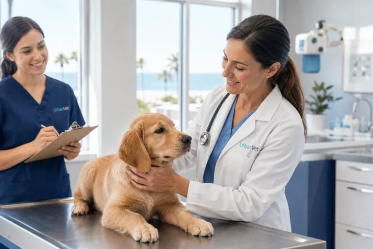 Veterinarian holding a puppy during a spaying and neutering consultation at UrbanVet Newport Beach