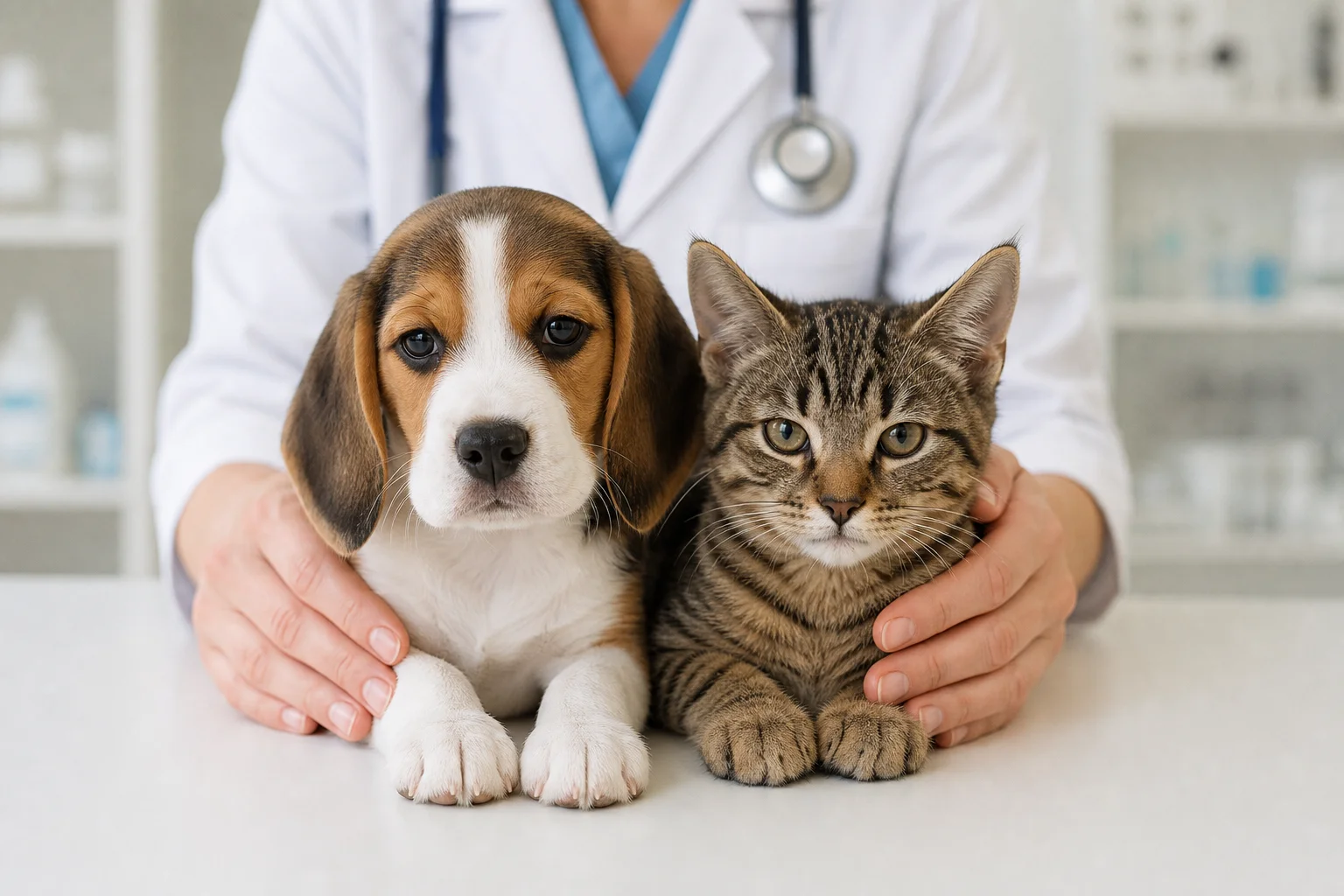 A veterinarian gently examining a healthy puppy and kitten together on an examination table in a bright, modern Newport Beach veterinary clinic