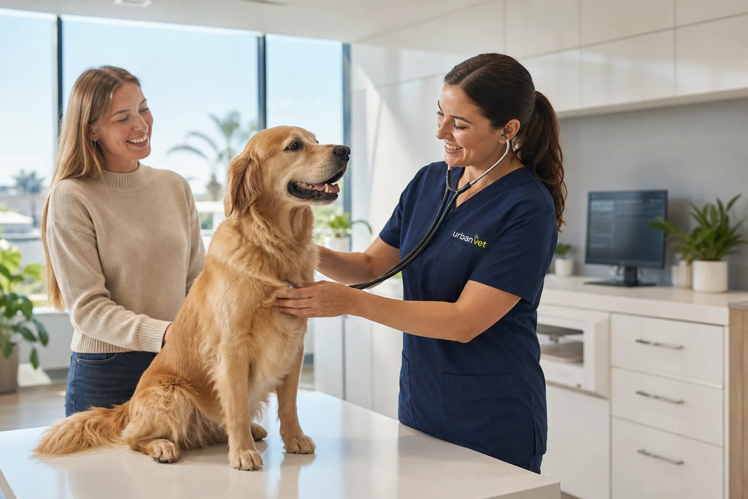 Veterinarian examining a golden retriever for fleas, ticks, and heartworms at Urban Vet in Newport Beach