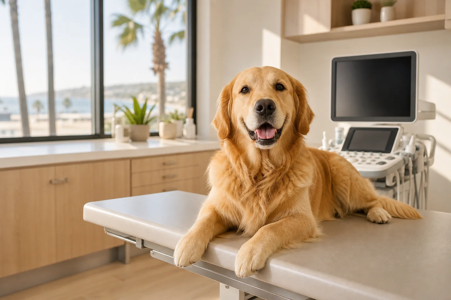 Healthy golden retriever resting calmly after a parasite prevention checkup at a modern Newport Beach veterinary clinic