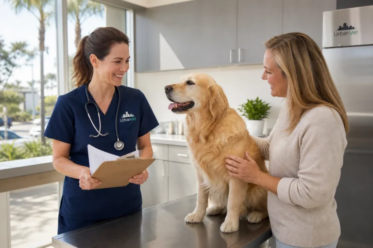 Veterinarian reviewing pet insurance paperwork with a pet owner and golden retriever in a bright Newport Beach clinic, illustrating understanding pet insurance