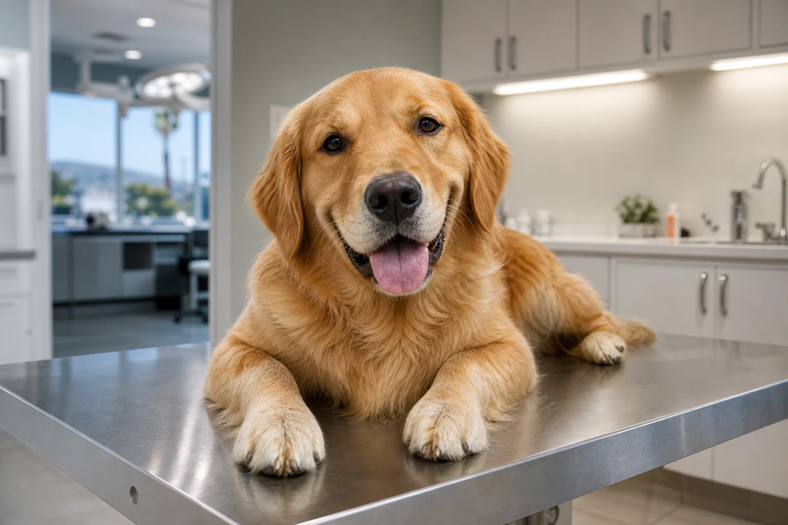 A golden retriever resting calmly on a stainless steel veterinary exam table in a modern Newport Beach clinic, bright clinical lighting, no text or watermarks