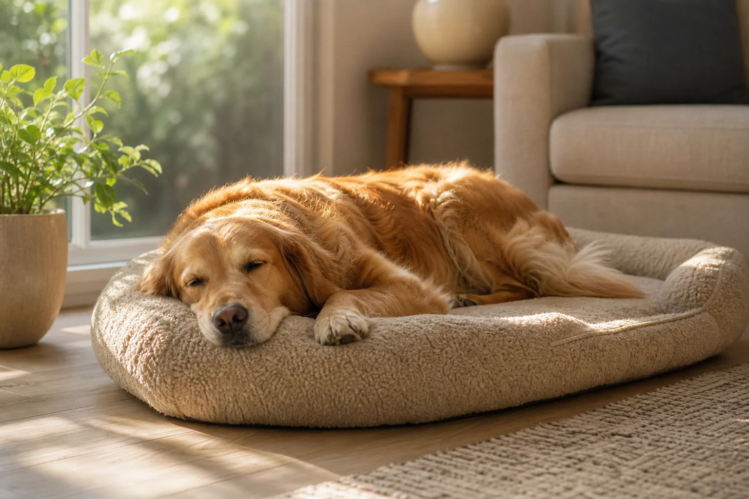 A relaxed dog resting calmly on a soft bed in a sunlit room, representing effective management of separation anxiety in pets