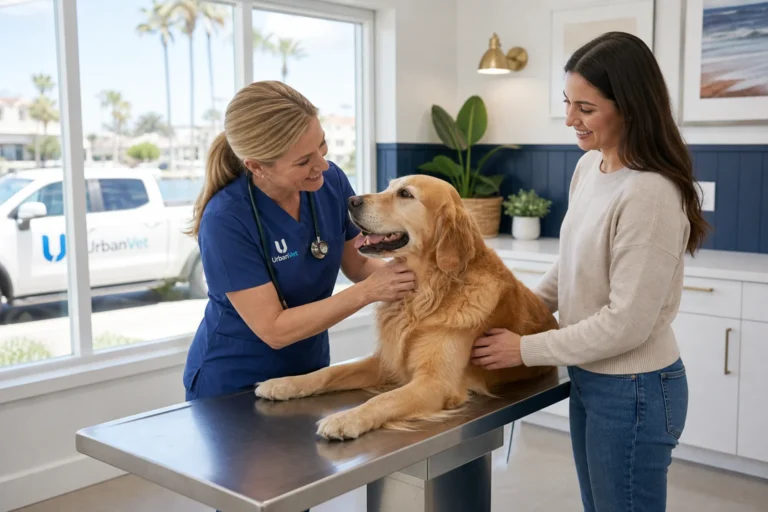 Veterinarian performing a wellness exam on a golden retriever at Urban Vet clinic in Newport Beach