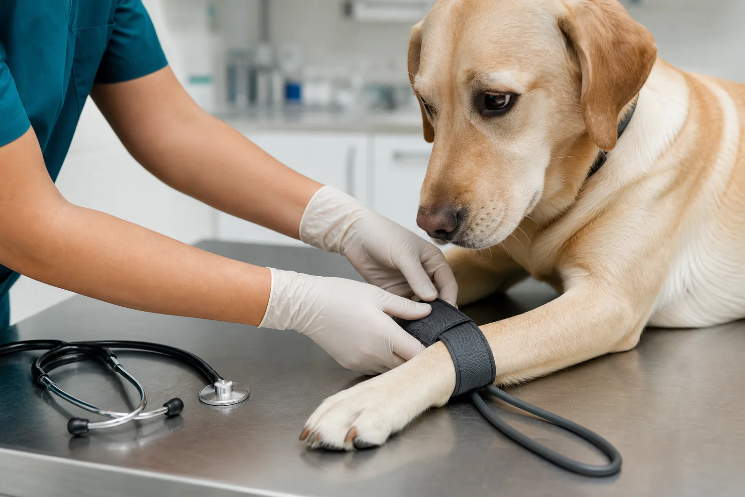 Veterinarian measuring a dog's blood pressure during an annual wellness visit in a modern Newport Beach clinic