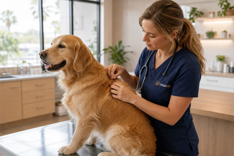 Veterinarian examining a dog's skin and coat for common skin problems in dogs and cats at a Newport Beach clinic
