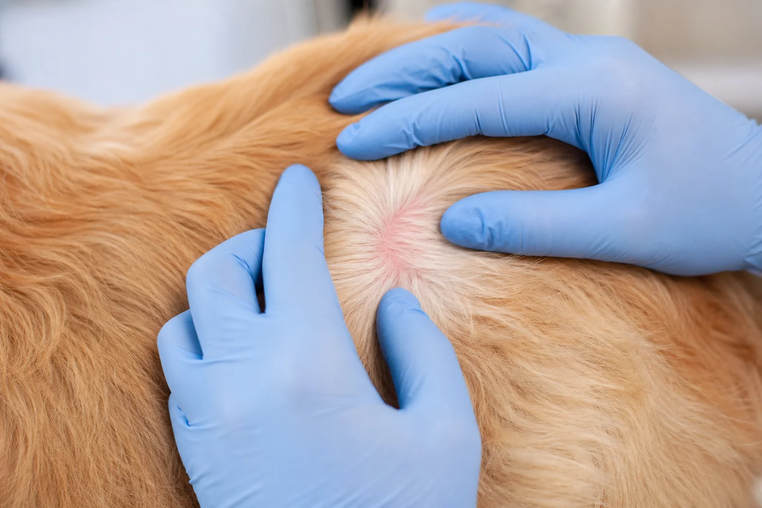 Veterinarian gently examining a dog's coat and skin for signs of irritation in a bright exam room