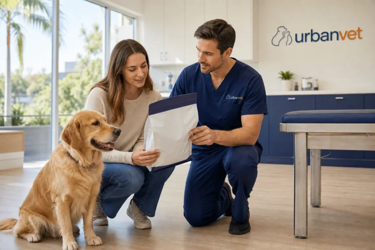Veterinarian helping a pet owner read a pet food label in a bright Newport Beach clinic exam room