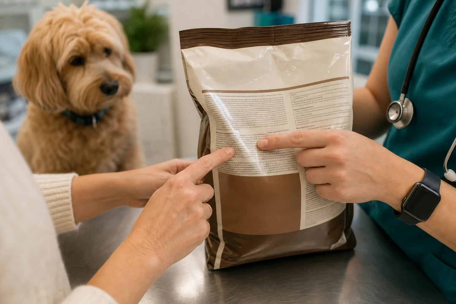 A veterinarian and pet owner reviewing a dog food ingredient list together in a bright Newport Beach clinic