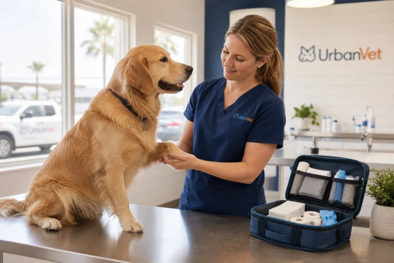 Veterinarian demonstrating pet first aid essentials every Newport Beach pet owner should know while checking a dog's paw