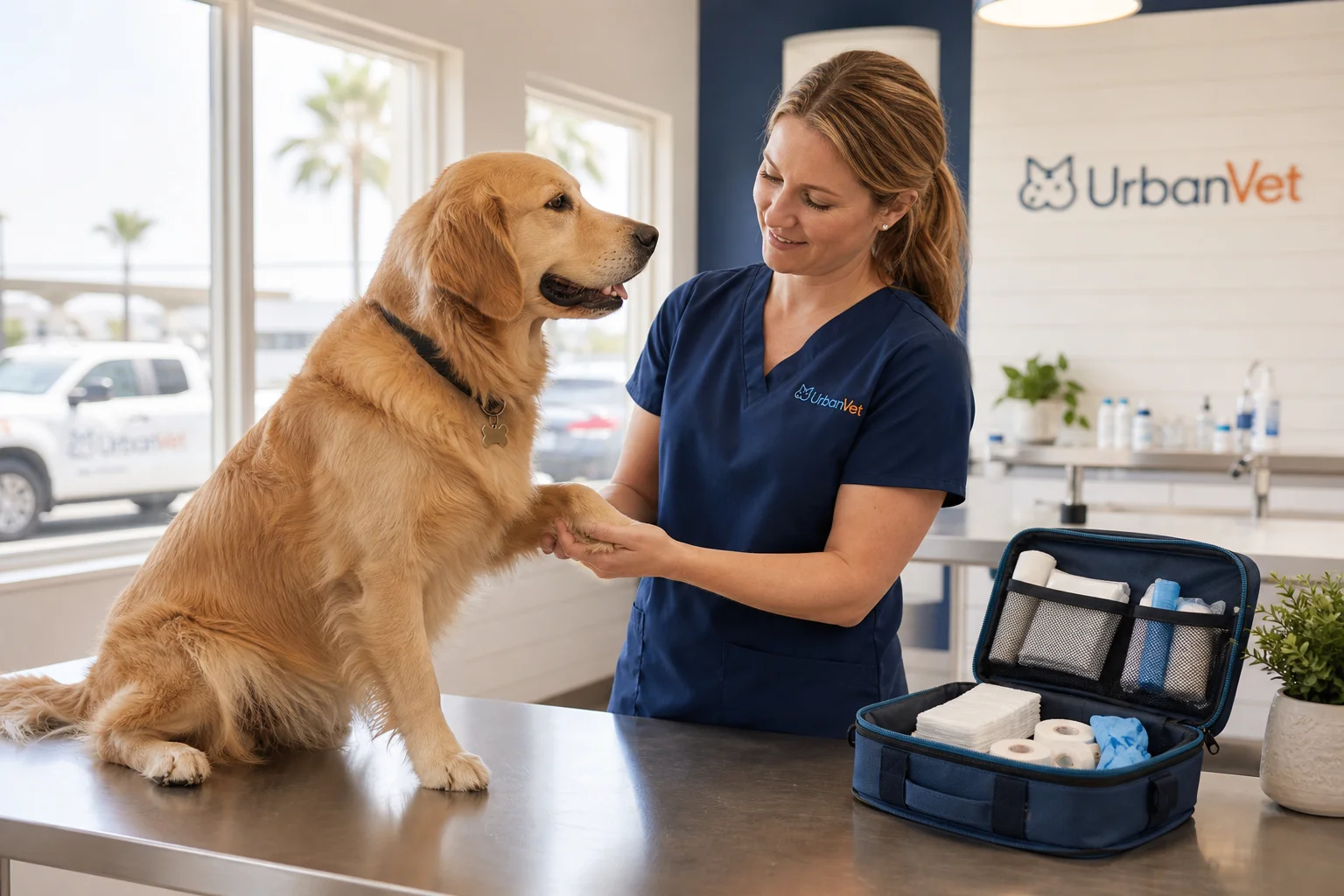 Veterinarian demonstrating pet first aid essentials every Newport Beach pet owner should know while checking a dog's paw