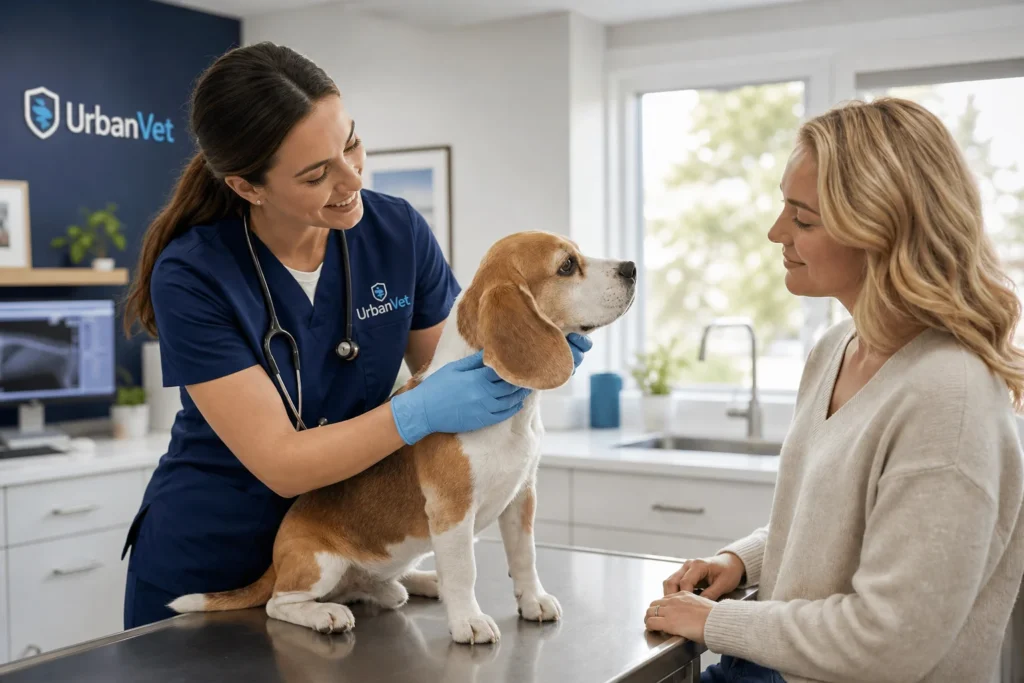 Veterinarian gently examining a puppy during a first vet visit at a Newport Beach animal clinic