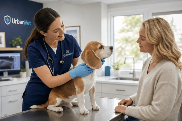 Veterinarian gently examining a puppy during a first vet visit at a Newport Beach animal clinic