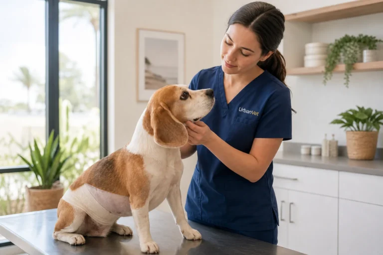 Veterinarian checking a dog's incision during spay recovery day by day at a Newport Beach clinic