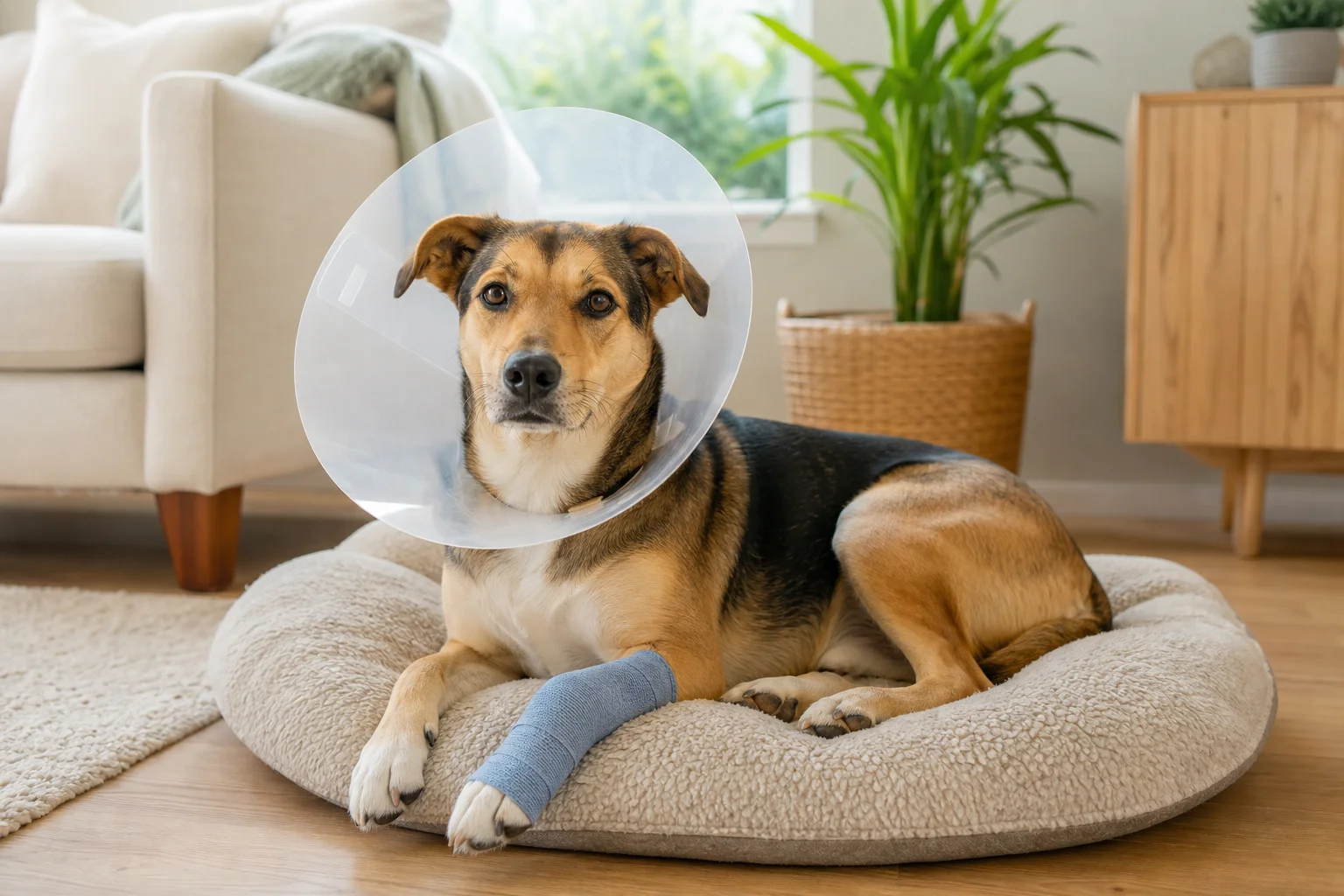 Dog wearing a protective cone resting on a bed at home during spay recovery