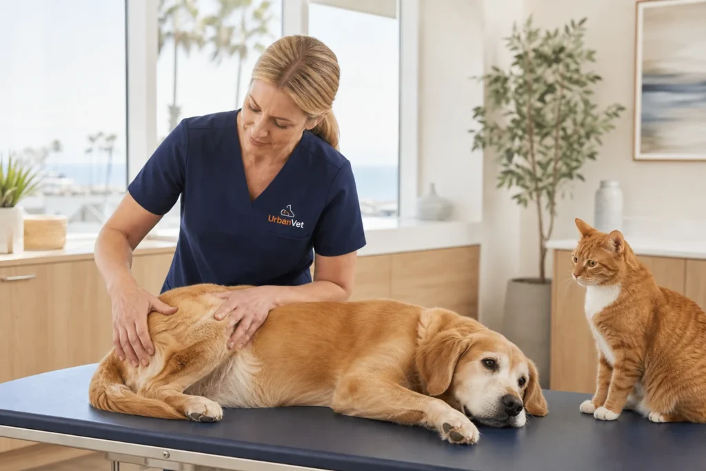 Veterinarian examining a senior dog and cat for dog arthritis symptoms in a bright Newport Beach clinic