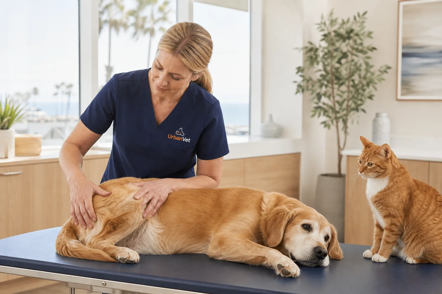 Veterinarian examining a senior dog and cat for dog arthritis symptoms in a bright Newport Beach clinic