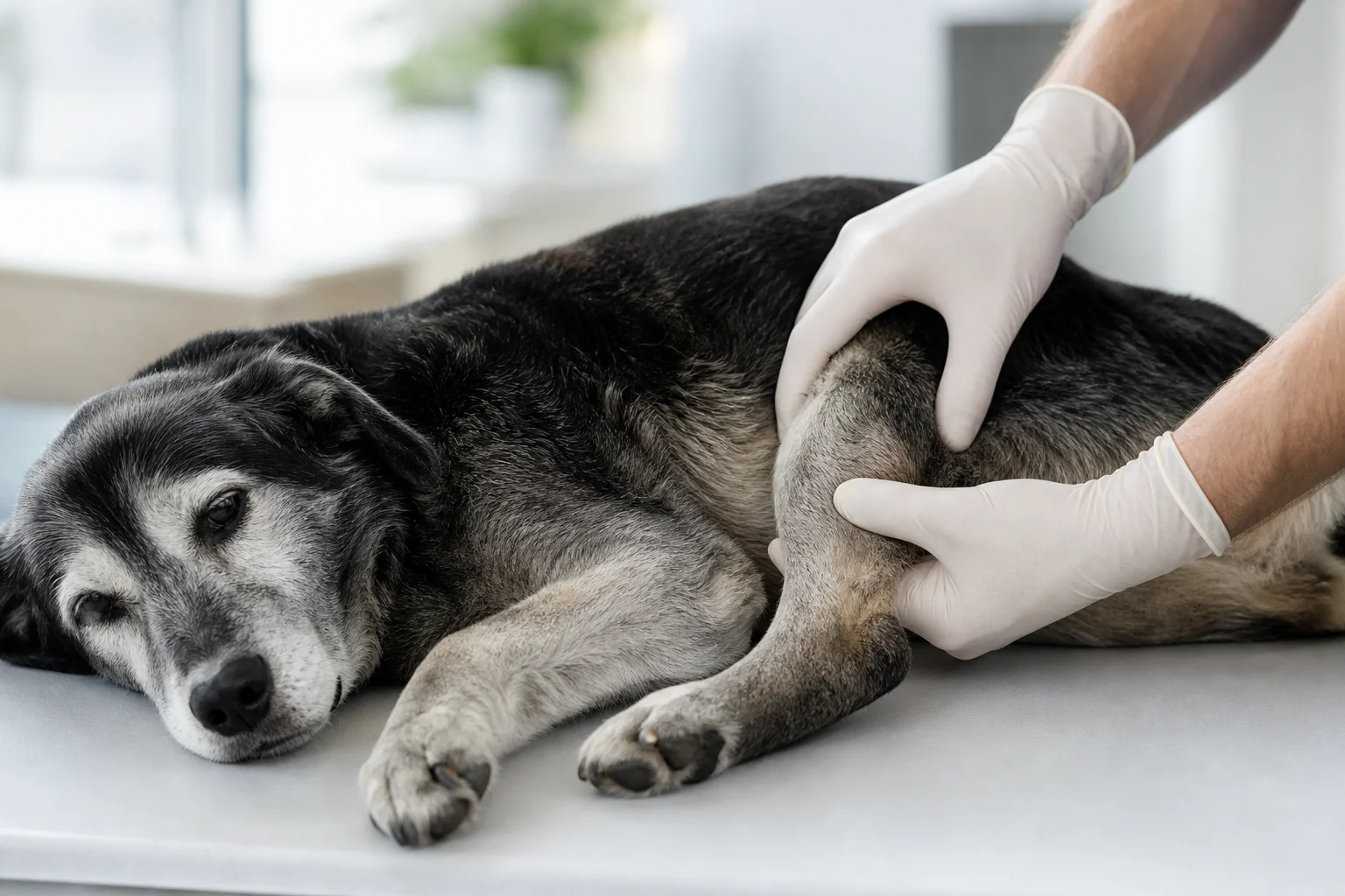 Veterinarian examining a senior dog and cat for dog arthritis symptoms in a bright Newport Beach clinic exam room