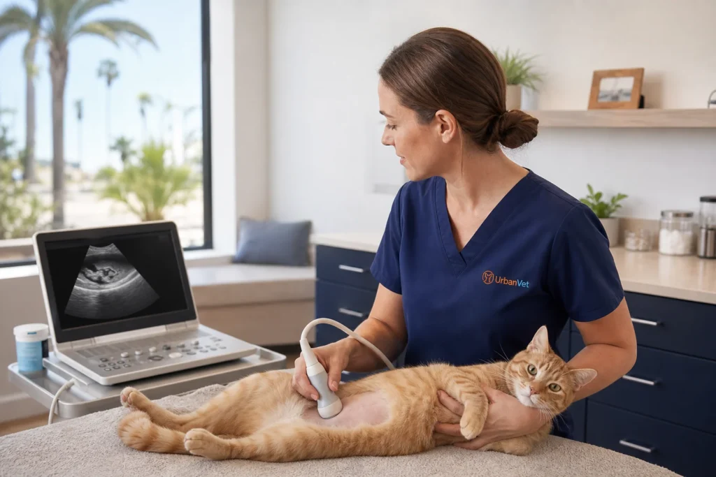 Veterinarian using an ultrasound probe to scan a calm cat's abdomen, showing why your vet wants an ultrasound for your cat
