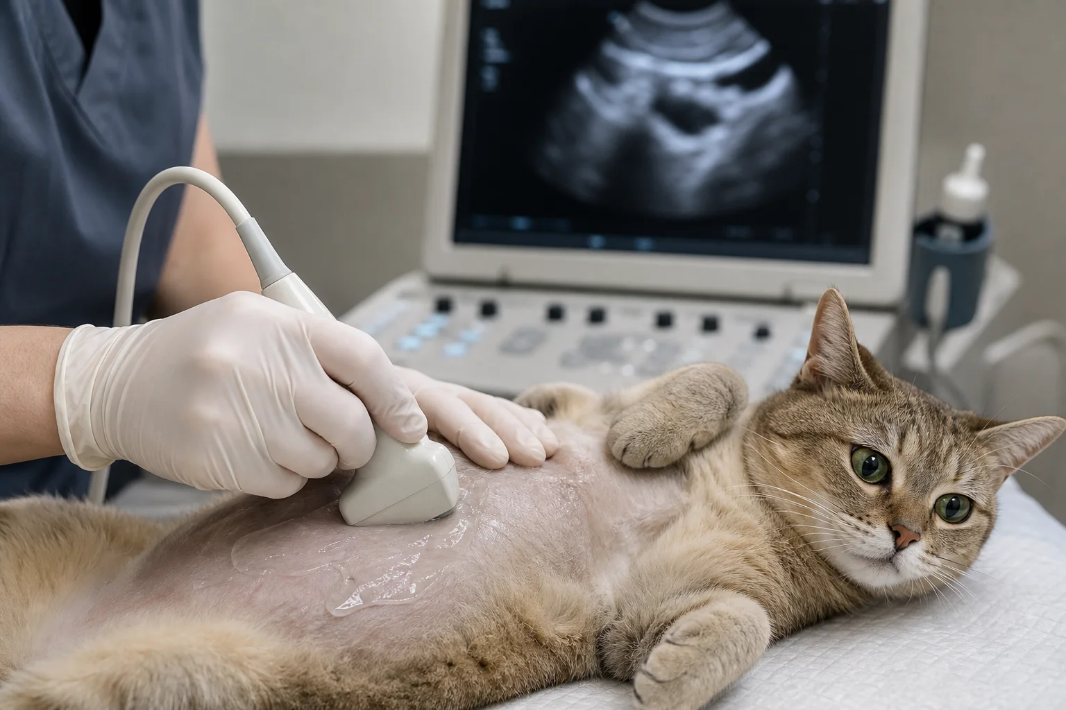 A veterinarian gently holds a calm cat while performing an abdominal ultrasound exam