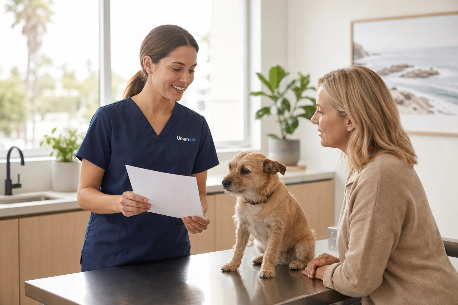 Veterinarian reviewing a spay pricing compared estimate with a pet owner in an exam room
