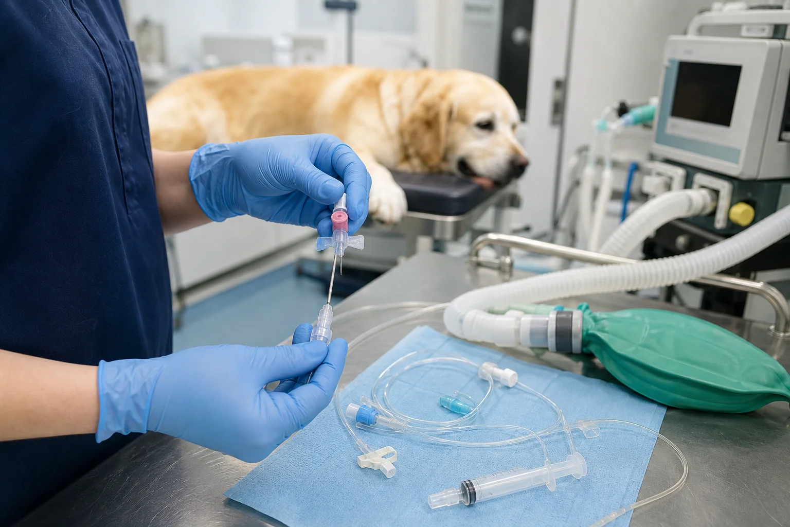 Veterinary technician preparing IV catheter and anesthesia monitoring equipment before a dog's spay surgery