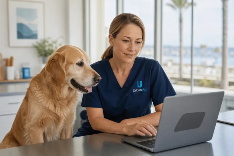 Newport Beach veterinarian on a laptop video call deciding between a video vet visit or office visit for a dog